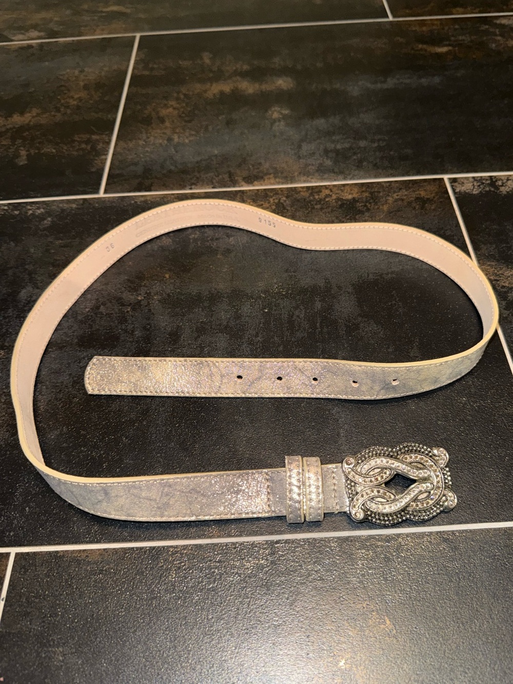 Metallic Silver Leatherock Belt With Intact Crystal Buckle - Genuine Leather